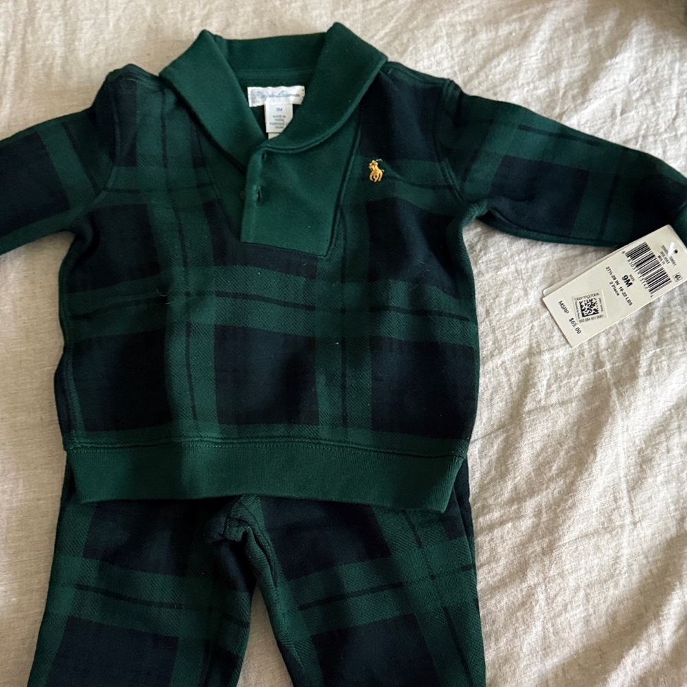 Ralph Lauren Plaid Green Kids Pants & Top Set